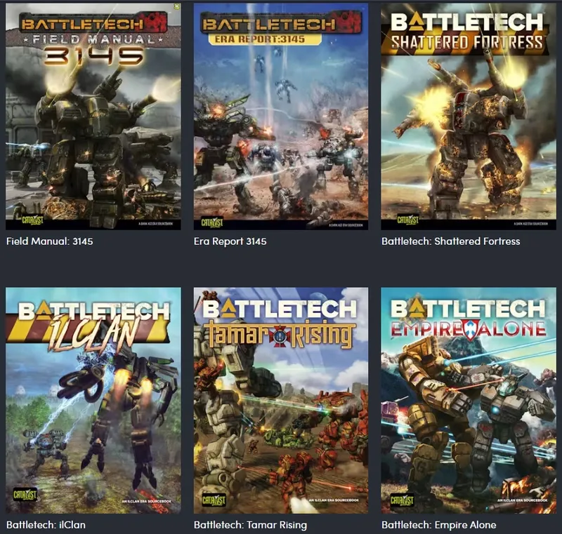 "BattleTech Field Manual 3145, Era Report 3145, Shattered Fortress, ilClan, Tamar Rising, Empire Alone book covers"