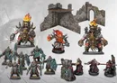Miniature warriors, stone ruins, and flaming braziers on a gray surface.