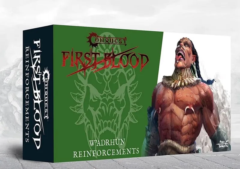 Green book cover "CONQUEST FIRST BLOOD W'ADRHÛN REINFORCEMENTS" and a muscular fantasy warrior with fangs and fur.