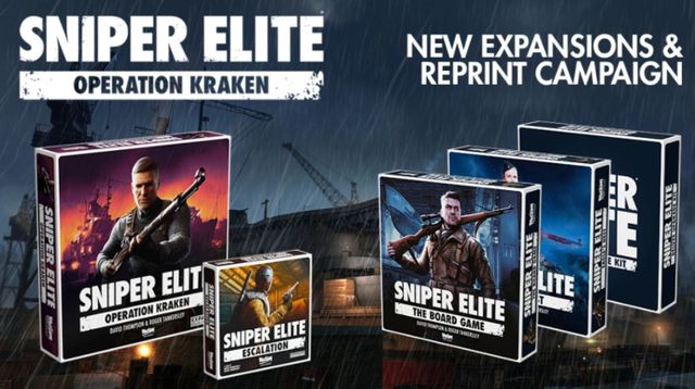 A promotional image features two game boxes for the Sniper Elite tabletop game. The larger box on the left is titled "Sniper Elite: Operation Kraken," showcasing a character holding a rifle against a backdrop of a war-torn setting. The smaller box on the right is labeled "Sniper Elite: Escalation," depicting a different character with a firearm. The background includes industrial elements, suggesting a gritty atmosphere, with rain adding to the dramatic effect.