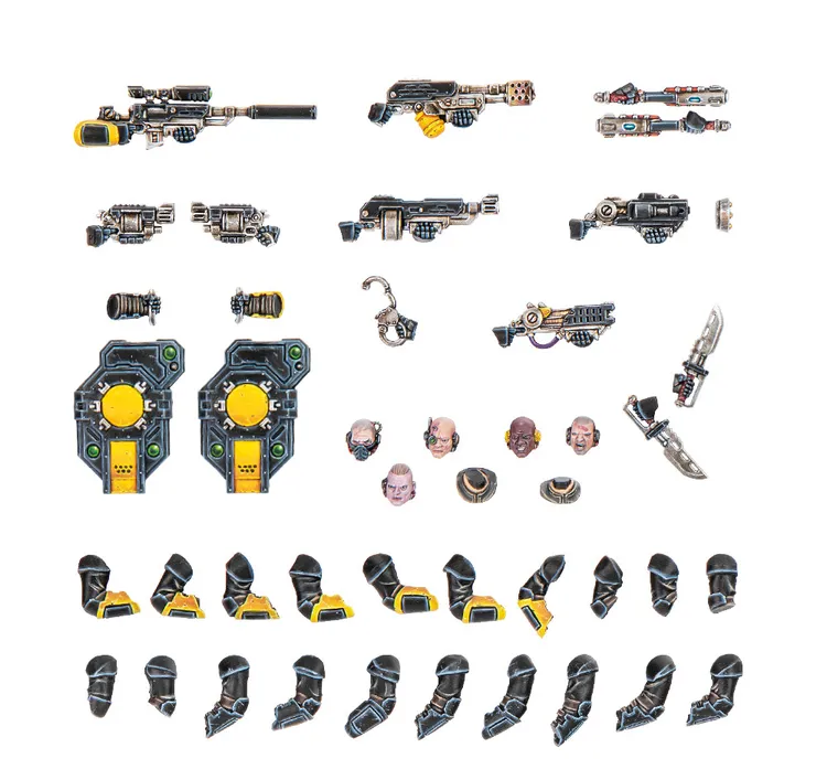 A collection of detailed miniature components for the Palanite Enforcers from Necromunda, featuring various weapons and upgrade parts. Prominent items include rifles, pistols, shock batons, assault shields, and a selection of heads and arm pieces. The components are intricately designed with a mix of metallic and vibrant colors, showcasing the futuristic and militaristic aesthetic of the Enforcers.