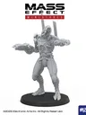 A detailed gray resin miniature from the Mass Effect universe stands on a circular black base, depicting a humanoid figure with a sleek, armored design. The figure features intricate mechanical details, including visible joints and a raised arm holding a weapon, suggesting a combat-ready stance. The Mass Effect logo is prominently displayed at the top, along with the Modiphius Entertainment branding at the bottom.