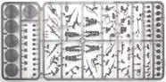 A sprue featuring multi-part figures of British and Canadian winter infantry, showcasing six distinct soldier poses, all equipped with various winter gear. The sprue includes an assortment of weapons such as rifles, machine guns, SMGs, and specialist items like sniper rifles, mortars, and flamethrowers, along with engineering tools like shovels and mine sweepers. The figures are intricately detailed, emphasizing their readiness for winter conditions.
