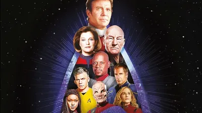 A starfield background with the text "STAR TREK ADVENTURES" at the top. Below, a group of nine characters from Star Trek are arranged in a triangular formation. The characters are from various series and include both human and alien figures, all wearing Starfleet uniforms or other recognizable attire. The arrangement is set against a glowing, triangular warp trail effect.