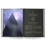 Open book with left page showing a tall, dark, pyramid-like structure in mist, and right page with text "CHAPTER 1 THE TEMPLE OF TOMORROW".