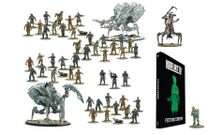 A collection of miniatures from Warlord Games' Konflikt ’47 is displayed, featuring various figures including soldiers, zombies, and mechanical creatures. Prominently featured is the book titled "Konflikt ’47: Festung Europa," which showcases a green silhouette on its cover. Among the miniatures, a notable figure in powered armor and a mechanical creature stand out, highlighting the game's unique blend of historical and fantastical elements.