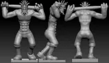 Three stylized, gray 3D character models in dynamic poses, each with spiky hair and horns. Left figure raises arms, center figure crouches with fists up, right figure leans forward with arms extended. All wear short pants and boots.