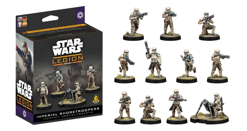 A box for the "Imperial Shoretroopers" expansion for Star Wars: Legion is prominently displayed, featuring a striking design with the Star Wars logo and the Imperial insignia. The box showcases images of several Shoretrooper miniatures, including one equipped with a mortar, all posed on scenic bases. The packaging includes multilingual text and symbols indicating the contents, emphasizing the new release's updated cards and packaging format.