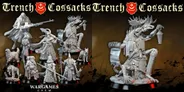 A collection of intricately designed miniatures from the Trench Cossacks faction is displayed, showcasing a variety of characters and creatures. The figures include heavily armored warriors, priests, and skirmishers, all featuring distinct Eastern Slavic aesthetics, with flowing robes and ornate details. Among them is a dog companion and a character wielding a large weapon, all presented on circular bases against a dark background.