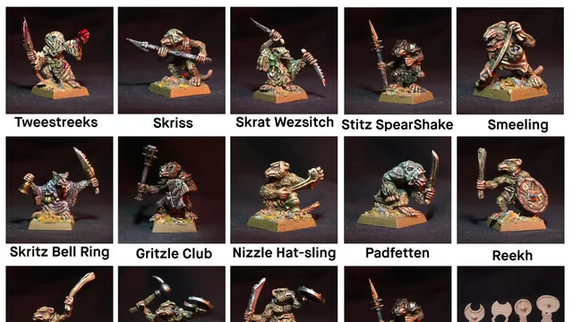 A collection of painted miniature figures, each depicting various goblin-like characters in dynamic poses. The figures are displayed in a grid format, showcasing their unique weapons and features, such as staffs, slings, and clubs. The background is dark, highlighting the detailed paintwork and textures of each miniature, with names labeled beneath each figure.