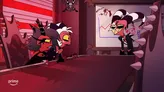 Two animated characters in a dimly lit room, one with spiked hair and a red face, the other with a striped shirt and black hair, leaning on a counter. Behind them, a whiteboard with hand-drawn text "MASKOT?" and a graph showing upward trend.