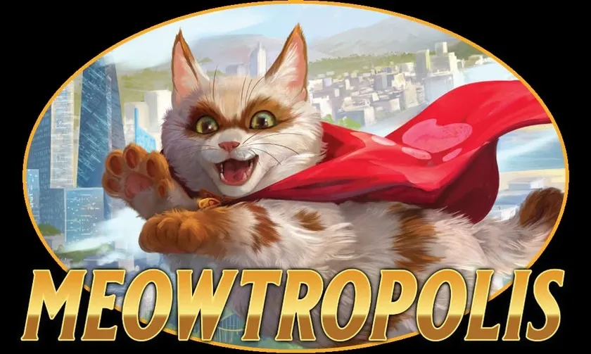 A playful, animated cat with a fluffy coat and large, expressive eyes is depicted wearing a bright red superhero cape, mid-leap against a backdrop of a bustling city skyline. The cat's joyful expression suggests excitement and determination, embodying the spirit of a superhero. Below the cat, the word "MEOWTROPOLIS!" is prominently displayed in bold, golden letters, emphasizing the vibrant theme of the setting.