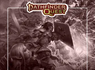 A dynamic illustration features a fierce battle scene from Pathfinder Quest, showcasing a warrior in armor wielding a sword and shield, engaged in combat against a chaotic backdrop of swirling magical energy and monstrous foes. In the foreground, an elf character looks on, adding to the sense of urgency and adventure. The title "Pathfinder Quest" is prominently displayed at the top in a bold, stylized font.