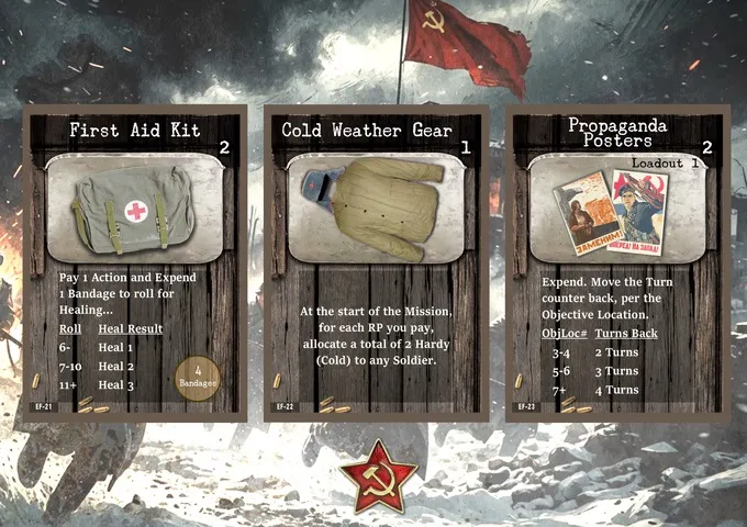 Three cards from a tabletop game: "First Aid Kit," "Cold Weather Gear," and "Propaganda Posters." The First Aid Kit card shows a green medical bag with a red cross symbol, a syringe, and bandages. The Cold Weather Gear card displays a yellow padded jacket with a blue cap. The Propaganda Posters card features two Soviet-style posters with red and black text and imagery. Each card has descriptive text and gameplay instructions. In the background, a red Soviet flag with a hammer, sickle, and star is visible, along with a red star emblem at the bottom center. The setting appears to be a snowy, war-torn environment.