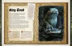 A richly illustrated page from the Symbaroum RPG features a narrative titled "King Toad," detailing a harrowing encounter with a monstrous creature in the river. The text is framed by ornate borders, with a prominent title in a gothic font. Accompanying the narrative are illustrations of dark waters and a shadowy figure, enhancing the ominous atmosphere of the story.