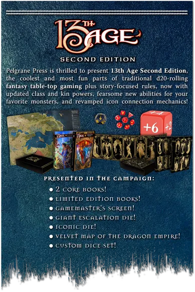 13th Age Second Edition list of features in the kickstarter campaign detailing 2 books, GM screen, Velvet Map and a custom dice set