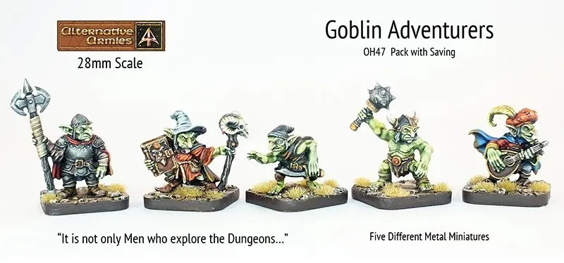 A set of five 28mm scale metal miniatures titled "Goblin Adventurers" features a diverse group of goblins ready for adventure. The characters include a Paladin wielding a shield and sword, a Wizard with a staff, a Thief holding a dagger, a Barbarian with an axe, and a Bard strumming a lute, all displayed on a grassy base. The text highlights that "It is not only Men who explore the Dungeons..." emphasizing the unique theme of this miniature range.