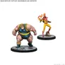 Two painted miniatures: a muscular man in a blue singlet and a man in a red and yellow suit holding flames.