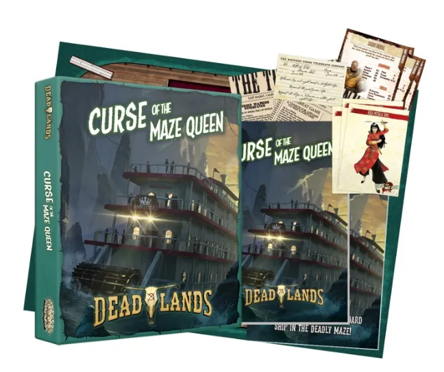 "Curse of the Maze Queen" and "Deadlands" game boxes with a ship and character cards.