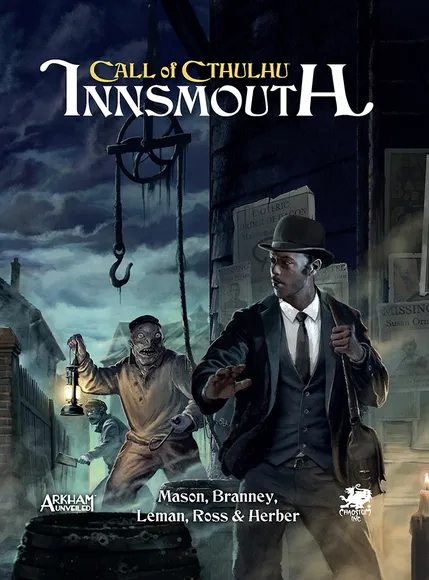 Man in suit and hat, zombie-like figure with lantern, dark street, "Call of Cthulhu Innsmouth" text.