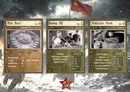 Three cards from a tabletop game. The first card, titled "Raid Mission!", has a beige background with the text "Ent 0", "Europe", "31", "9", "#4", "-2", and a grayscale emblem featuring a hammer and sickle. The second card, titled "Enemy HQ", has a green background with the text "Ent 1", "Europe", "Rein: 0-1", "OBJECTIVE", "Nature: Eliminate Present. Hostiles Screen. Keep Clear 2.", and a black-and-white photo of three men in military uniforms looking at a map. The third card, titled "Vehicle Park", has a green background with the text "Ent 1", "Europe", "Rein: None", "LOCATION", "Free to play. Nature: Soldiers cannot Enter if there are 2 or more Hostile cards present.", and a black-and-white photo of soldiers near a vehicle. In the background, there is a red flag with a hammer and sickle emblem and a red star with the same emblem.