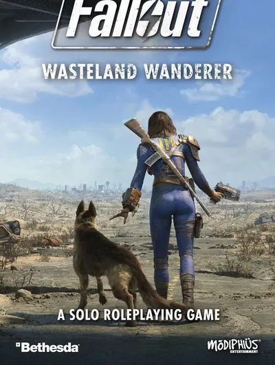 A lone vault dweller stands with their back to the viewer, gazing out over a desolate wasteland, accompanied by a dog. The character is dressed in a blue jumpsuit with a yellow stripe, equipped with a rifle slung across their back and a pistol in hand. In the background, a ruined cityscape is visible under a cloudy sky, emphasizing the post-apocalyptic setting. The text "A SOLO ROLEPLAYING GAME" is prominently displayed at the bottom.