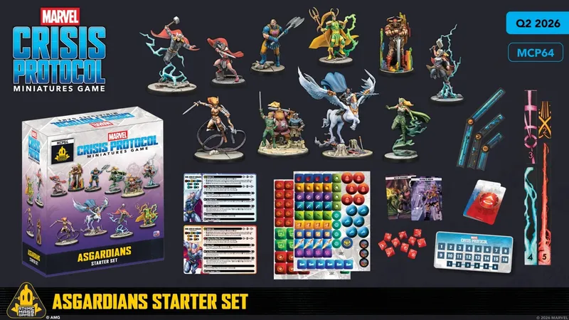 The Asgardians Starter Set for the Marvel: Crisis Protocol Miniatures Game features a box displaying various miniatures, including characters like Thor wielding Mjolnir, and other Asgardian figures in dynamic poses. Surrounding the box are several character miniatures, showcasing intricate details and vibrant colors. Additionally, there are game cards and tokens laid out, providing essential gameplay elements for players.