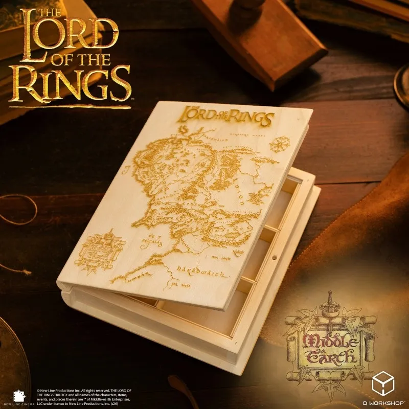 Open wooden book with Middle-earth map, "The Lord of the Rings" and "Middle-earth" text visible.