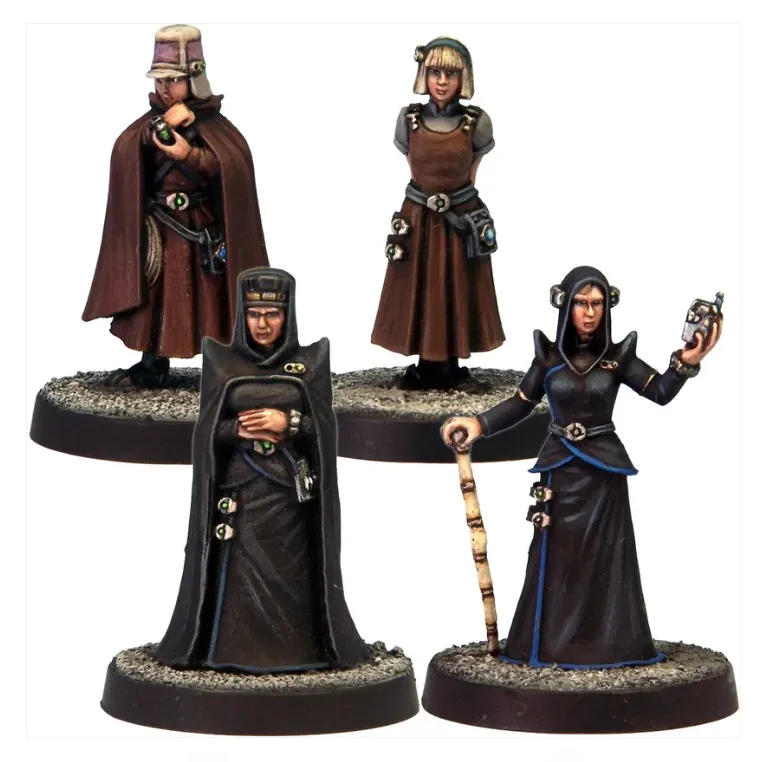 Four sci-fi miniatures in robes, two holding devices, on circular bases.