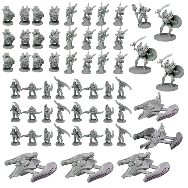 A collection of 440 unpainted plastic miniatures from the Epic Warpath Battle for Phrovox starter set, arranged in a grid. The miniatures include various alien and human figures, showcasing different poses and weaponry, along with several sleek, futuristic vehicles. The figures are primarily in shades of gray, highlighting their intricate details and designs, suitable for a sci-fi wargaming experience.