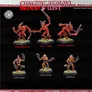 A collection of six chaotic miniatures from the BeQuest Miniatures range titled "Blood & Lust." The top row features three red-skinned demons: Bone Breaker, Skull Taker, and Blood Drinker, each wielding weapons and posed dynamically on grassy bases. The bottom row includes Claw Fiend, Man Eater, and Seducer, showcasing a variety of menacing features and unique poses, all set against a dark background with the title "CHAOTIC REALMS" prominently displayed above.
