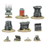 A collection of miniature terrain pieces for Star Wars Legion is displayed, featuring various sci-fi structures and objects. The set includes a tall communication tower, a red barrel, and several industrial-looking containers and consoles, all set on sandy bases with tufts of grass. The pieces vary in size and design, showcasing a mix of futuristic technology and rugged utility, perfect for enhancing tabletop gaming environments.