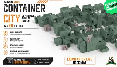3D-rendered tabletop terrain set labeled "CONTAINER CITY." The scene depicts a modular sci-fi industrial complex composed of multiple green shipping container-style buildings of varying sizes. Some containers have open doors, windows, or ladders attached. Several containers are stacked or arranged to form multi-level structures with connecting walkways and platforms.

In the foreground, there are crates, barrels, and cylindrical containers grouped together. Some crates are wrapped in netting. A few small figures resembling miniature people are positioned near buildings and walkways. The terrain is set on a flat, white base representing a snowy or icy surface.

Visible text in the image includes:
- "CONTAINER CITY"
- "EASY TO PRINT"
- "SUPPORT FREE"
- "KICKSTARTER LIVE BACK NOW"