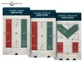 Three deployment cards from a new Warhammer 40,000 mission deck are displayed. The cards are titled "Deployment – Incursion: Dawn of War," "Deployment – Strike Force: Dawn of War," and "Deployment – Asymmetric: Pincer Attack." Each card features a grid layout with colored sections indicating deployment zones, along with various measurement markers for unit placement, enhancing gameplay strategy. The overall design has a textured background with symbols and icons relevant to the game.