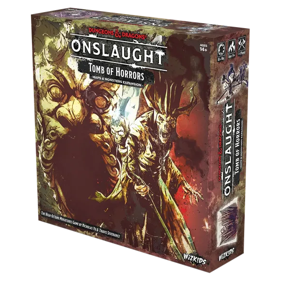 A box for the "Dungeons & Dragons Onslaught: Tomb of Horrors - Maps & Monsters Expansion" features dramatic artwork depicting a menacing demilich and various monstrous figures. The box is predominantly dark with splashes of color, showcasing intricate details of the characters and elements from the dungeon. The title "ONSLAUGHT" is prominently displayed at the top, along with the subtitle and branding for Wizkids.
