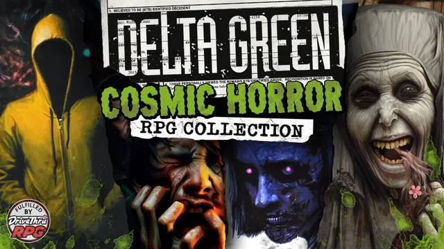 A collage of eerie and unsettling characters from the Delta Green universe, featuring a grotesque, grinning woman with sharp teeth, a shadowy figure with glowing eyes, and a distressed face on the left. The background includes a faded newspaper-style header with the text "DELTA GREEN" prominently displayed, and the words "COSMIC HORROR COLLECTION" in bold green lettering at the bottom. The overall tone is dark and atmospheric, reflecting the themes of horror and conspiracy inherent in the game.