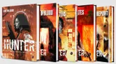 Three books stacked: front cover shows a woman holding a rifle, halo-like light behind her, text "HUNTER: THE RECKONING" and "CORE RULEBOOK." Middle cover displays "IN BLOOD" with a burning building and silhouetted figure.