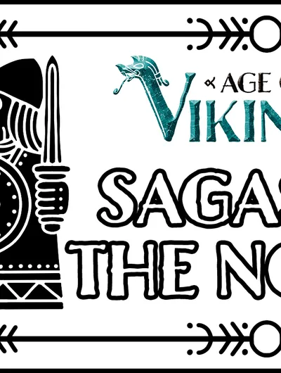 A stylized illustration features a Viking warrior wearing a helmet and holding a round shield, depicted in black against a white background. Above the warrior, the title "AGE OF VIKINGS" is displayed in a bold, turquoise font, while below, the words "SAGAS OF THE NORTH" are presented in a playful, black typeface. Decorative elements, including arrows and patterns, frame the image, enhancing its thematic connection to Viking culture.