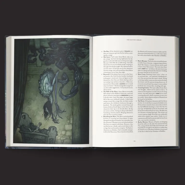 A darkly illustrated page from the "City of My Nightmares" campaign book features a haunting figure suspended in mid-air, with long hair and elongated limbs, surrounded by swirling shadows. The figure appears to be emerging from a dimly lit room, adding to the eerie atmosphere. The opposite page contains text detailing aspects of the campaign, with a focus on the narrative and character elements.