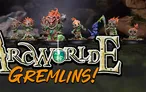 Three distinctive Gremlin miniatures are prominently displayed against a dark, forested background. The first Gremlin on the left has a wooden mask-like face and vibrant green skin, while the central Gremlin features a fierce expression with a large, toothy grin and a decorative necklace. The third Gremlin on the right holds a weapon and has a playful stance, showcasing the whimsical design typical of the ArcWorlde faction. The text "ArcWorlde GREMLINS!" is boldly featured at the bottom, emphasizing the campaign's focus.