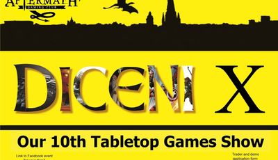 A bright yellow poster announces the 10th Diceni Tabletop Games Show, featuring bold black text that reads "DICENI X" at the top. Below, details include the date, "Sunday 3rd May 2026," and the location, "The Forum, Norwich," with event hours from 10 AM to 4 PM and a note that entry is free. The design includes a silhouette of a dragon and other fantasy elements, along with a QR code for additional information.