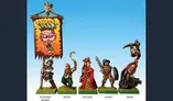 The image features five miniature figures from Red Bard Games' Kickstarter campaign, "The Undead Hordes." From left to right, there is a standard bearer holding a vibrant banner with a grotesque face, a character named Sickle wielding a scythe, a regal figure called Duchess in a red gown, a guard in armor with a shield, and a monk in a dynamic pose. Each figure is intricately detailed and stands on a green base, set against a light blue background.