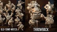 A collection of fantasy football miniatures features a squad from the Old Watch Town team, including three police dwarves, a dwarf blitzer, and two police halflings. A wooden golem and two star players, Klarice and the Judge, are also present. On the right, a selection of Throwback models showcases previous releases, highlighting the diverse range of characters in this expansion.