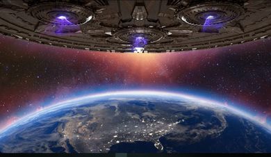 A large, futuristic alien spacecraft hovers above Earth, with intricate mechanical details visible on its underside. Below, the planet's surface is illuminated by city lights, showcasing a mix of land and water, while the atmosphere transitions from blue to a vibrant gradient of orange and purple in the background. The scene conveys a sense of impending conflict, emphasizing the tension between Earth and its alien invaders.