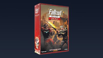 The image features the starter set box for Modiphius' Fallout: Factions skirmish game. The box is predominantly red with the game's title prominently displayed at the top, along with the subtitle "Battle for Nuka-World." The artwork depicts two characters engaged in combat: one wielding a melee weapon and the other aiming a firearm, set against a post-apocalyptic backdrop. The overall design conveys a sense of action and adventure, fitting the game's theme.