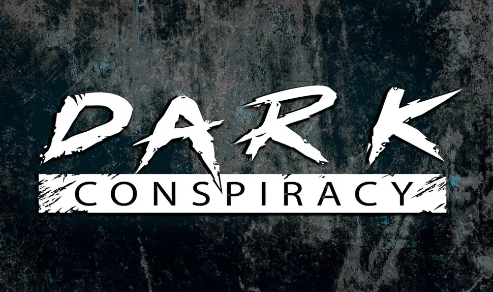 The image features the title "DARK CONSPIRACY" prominently displayed in a bold, stylized font. The word "DARK" is rendered in a jagged, distressed style, suggesting a sense of danger and intrigue, while "CONSPIRACY" is presented in a clean, straightforward font beneath it. The background has a textured, dark surface with hints of blue and gray, enhancing the ominous atmosphere associated with the game.