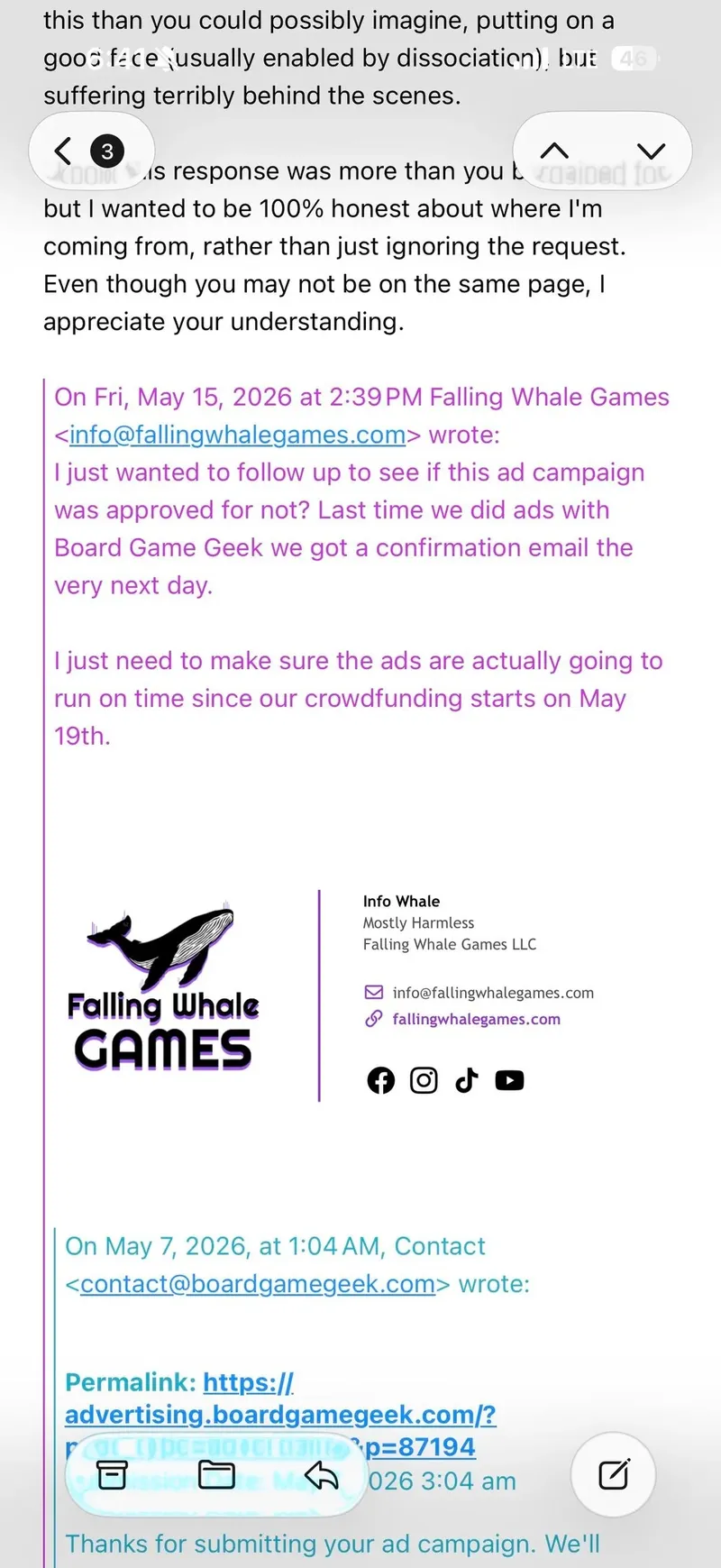 A screenshot of an email exchange between Falling Whale Games and BoardGameGeek's Advertising Manager, Chad Krizan, is displayed. The email highlights Krizan's refusal to approve an advertisement for the game "Possess Me, Satan," citing concerns over its themes related to demonic possession and their potential impact on the community. The email includes a follow-up message from Falling Whale Games inquiring about the status of their ad campaign, emphasizing the unusual delay compared to previous submissions.