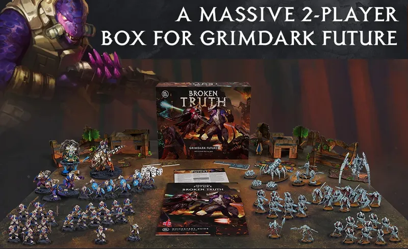 A large, visually striking box titled "Broken Truth" is prominently displayed at the center, featuring artwork from the game "Grimdark Future." Surrounding the box are two full 28mm scale armies: the Saurian Starhost, depicted as fierce lizardmen, and the Robot Legions, represented by various robotic figures. The scene includes game components like rules, tokens, and terrain pieces, all set against a dark, atmospheric background that enhances the grimdark theme.