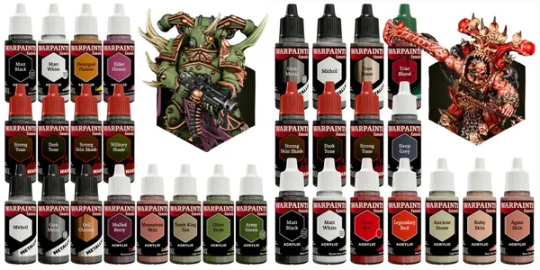 A detailed image showcases a vibrant miniature of a Chaos Space Marine, prominently featuring green skin, horns, and intricate armor details, holding a weapon. Surrounding the miniature are various paint bottles labeled with names like "Elder Flower," "Military Shade," and "Gun Metal," organized in two groups. The colors range from earthy tones to metallics, emphasizing the curated selection for painting Chaos forces in Warhammer 40,000.