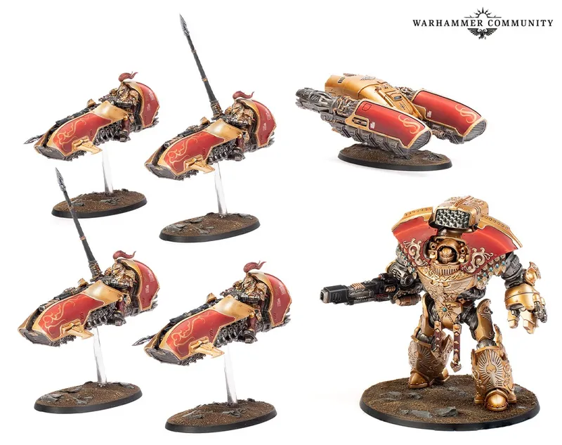 Golden armored warrior with jetbikes and "WARHAMMER COMMUNITY" text.